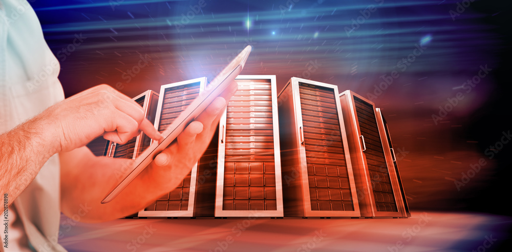 Aufkleber man using tablet pc against composite image of server towers