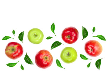 red and green apples decorated with green leaves isolated on white background with copy space for your text, top view