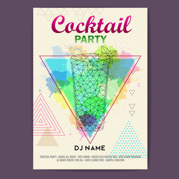 Triangle Cocktail mojito on artistic polygon watercolor background. Cocktail disco party poster