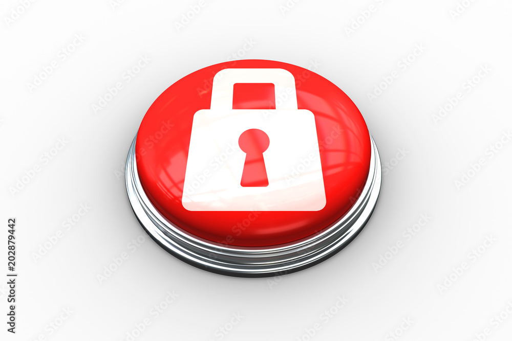 Poster composite image of lock on digitally generated red push button