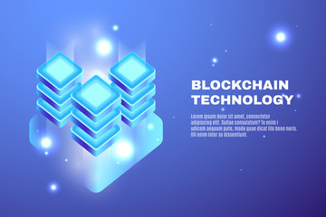 Cryptocurrency and blockchain technology isometric illustration. High technology of future. Concept of big data processing, 3d energy station with lighting flare effect