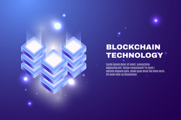 Cryptocurrency and blockchain technology isometric illustration. High technology of future. Concept of big data processing, 3d energy station with lighting flare effect