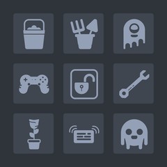Premium set of fill icons. Such as equipment, container, lock, pot, monster, handle, hammer, ufo, white, green, beach, fiction, plant, wrench, water, background, joystick, toy, room, character, alien