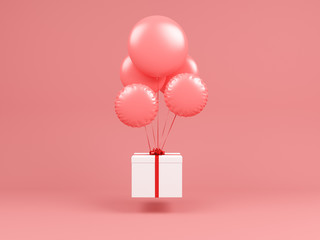 White square gift box Fly in air five rose gold balloon and red ribbon pink background 3d concept render pastel with clipping path