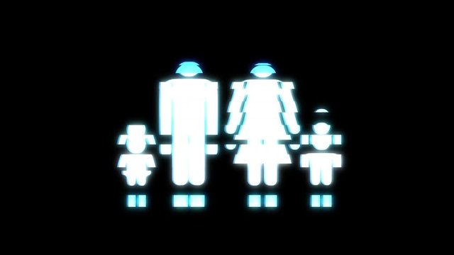 full family symbol glitch screen distortion holographic display animation seamless loop background - New quality universal close up vintage dynamic animated colorful joyful cool nice video