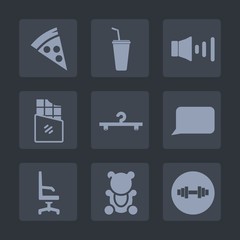 Premium set of fill icons. Such as fast, candy, speech, volume, armchair, bear, drink, juice, dessert, fitness, meal, glass, chocolate, water, gym, hanger, speaker, cheese, chair, sweet, button, audio