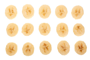 banana sliced isolated on white background. Top view. Flat lay