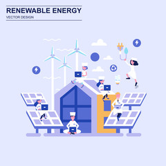 Renewable energy flat design concept blue style with decorated small people character.