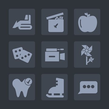 Premium set of fill icons. Such as heavy, health, flower, healthy, blossom, success, sign, chat, apple, bulldozer, nature, dentist, bear, play, hydraulic, camera, vehicle, sport, car, teddy, industry