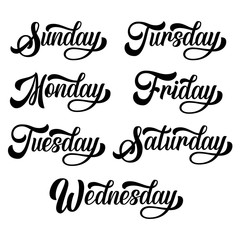 Hand lettering days of week, brush calligrahy, isolated on white background. Vector typography illustration.