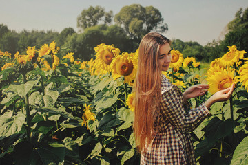Beautiful hipster boho girl wearing vintage brown dress posing in sunflower field in Italy