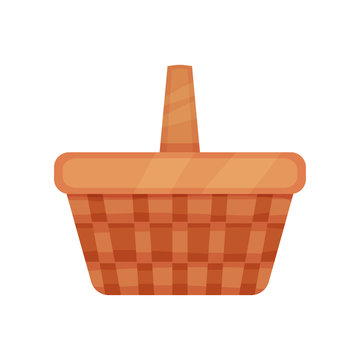 Brown wicker basket for picnic or harvesting. Container made from interwoven strips of cane. Flat vector icon