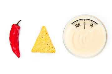 weighing scales against bowl of dip nacho and pepper side by side