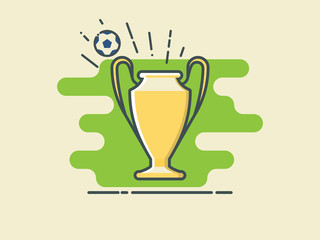 Football / Soccer Golden Cup On Stylized Green Field With Ball.