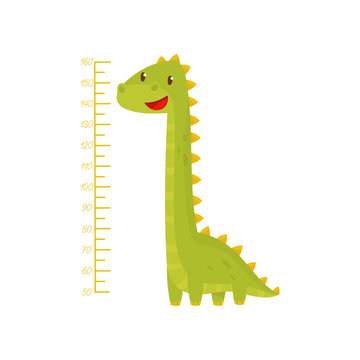 Height chart for measuring kids growth with adorable green dinosaur. Meter wall sticker for children room. Flat vector design