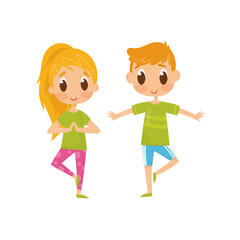 Fototapeta premium Children doing balancing yoga exercise. Funny little boy and girl in sportswear. Healthy lifestyle. Flat vector design