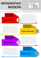 Modern minimalist infographic template, process in four steps. Vizualization with , icons, copy space in multicolored elements - red, purple, yellow and blue
