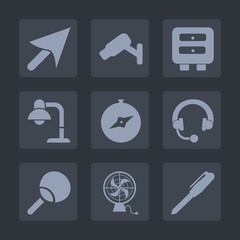 Premium set of fill icons. Such as cabinet, safety, lamp, equipment, digital, interior, finger, headphone, tennis, decoration, home, sound, audio, cursor, security, web, leisure, click, compass, pen