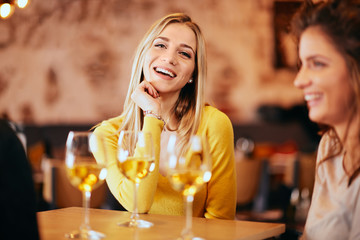 Female friends drinking wine and chatting while sitting in the bar.