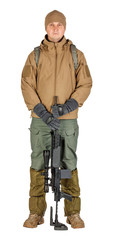 Fototapeta premium young soldier or sniper holding rifle. hunting, war, army, technology and people concept