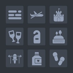 Premium set of fill icons. Such as wine, plane, summer, toy, dental, text, template, hygiene, motel, flight, label, doughnut, fitness, travel, web, cake, drink, blue, white, sign, business, layout, no