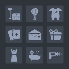 Premium set of fill icons. Such as house, table, communication, clothing, envelope, bath, science, poker, dress, skydiving, air, celebration, technology, parachuting, box, kid, sky, sofa, game, home