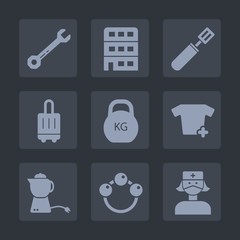 Premium set of fill icons. Such as child, construction, equipment, building, work, kitchen, airport, drink, hammer, teapot, toy, baggage, travel, rattle, wrench, infant, medical, business, baby, heavy