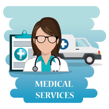woman doctor with medical services icons vector illustration design