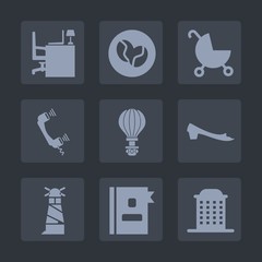 Premium set of fill icons. Such as footwear, perambulator, work, top, parachute, drink, lighthouse, phone, house, parachuting, coffee, telephone, city, table, sea, computer, business, directory, bean