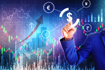 Businessman on digital stock market financial positive indicator background,  financial investment concept. Economy trends background, Abstract finance background