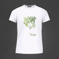 Original print for t-shirt - Woman in wreath of flowers and long shirt looking at herself in mirror in forrest. World of Woman graphical art series. Vector Illustration