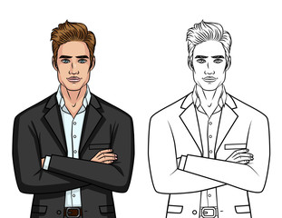 Vector set of two elegant gentleman's: colorful character and line silhouette isolated from white background. Handsome guy in suit standing in front with crossed hands
