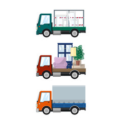 Fototapeta premium Set of Cargo Trucks, Car Transports Windows, Red Mini Lorry with Furniture, Small Closed Truck, Transport and Delivery Services, Logistics, Vector Illustration