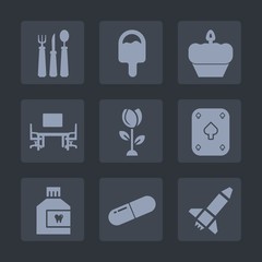 Premium set of fill icons. Such as spring, rocket, bakery, desk, computer, restaurant, medicine, cookie, mouth, hygiene, dental, dessert, blossom, chocolate, poker, cake, business, spoon, sweet, white