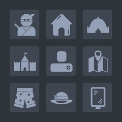 Premium set of fill icons. Such as house, map, tower, shorts, contact, template, summer, black, home, japanese, location, tourism, banner, hat, road, warrior, samurai, sign, white, architecture, city