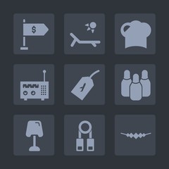 Premium set of fill icons. Such as bank, chef, hat, music, interior, travel, summer, web, kitchen, cuisine, finance, person, restaurant, accessory, sunny, flight, jewelry, ball, cone, money, beach