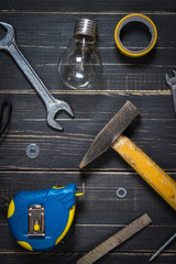 Joinery tools on a dark wooden table. Place for the text. A concept for Father's Day.