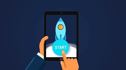 Startup business success launch. Template for business presentation. Layout for text, logo. Ad for startup. hand click on button and rocket start, launch