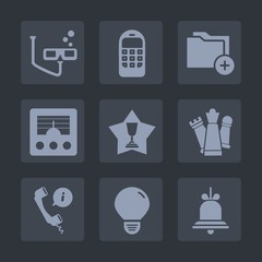 Premium set of fill icons. Such as phone, white, vacation, chess, alert, sea, bell, light, business, antenna, winner, achievement, headset, king, technology, underwater, mask, snorkel, data, place