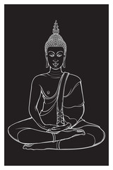 Buddha sitting and meditating in the single lotus position. Intricate hand drawing isolated on black background. Tattoo design. EPS10 vector illustration