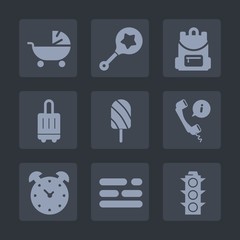 Premium set of fill icons. Such as mother, light, headset, table, dessert, summer, newborn, luggage, watch, hour, child, bag, safety, infant, backpack, childhood, center, airport, play, pram, school