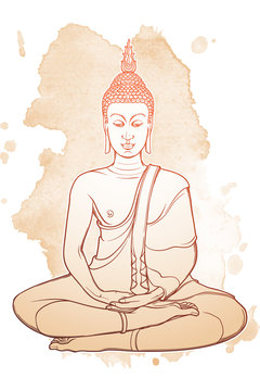 Statueof sitting Buddha meditating in the single lotus position. Intricate hand drawing isolated on grunge textured background. Tattoo design. EPS10 vector illustration