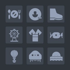 Premium set of fill icons. Such as plate, space, kitchen, sunrise, footwear, parachuting, food, avatar, parachute, kimono, london, extreme, park, light, costume, eye, jump, fiction, restaurant, sweet