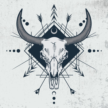 Bull skull in engraving graphic, ink technique. Vector illustration of bull skull with sacred geometry shapes on grunge background. Good for posters, t-shirt prints, tattoo design.