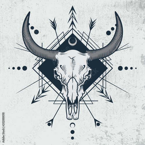 Bull Skull In Engraving Graphic Ink Technique Vector