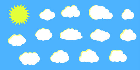 Cloudscape in flat style, blue sky with clouds and sun, vector.
