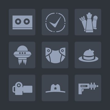 Premium set of fill icons. Such as camera, game, vintage, photography, media, sign, texas, strategy, correct, west, audio, space, photographer, style, hat, music, baby, spaceship, pawn, science, photo