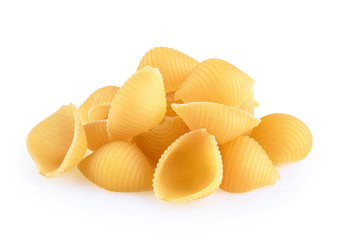 Conchiglie rigate pasta isolated on white background. Raw.