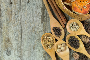 food herb ingredient wood  seasoning in wood spoon for cook on wood table