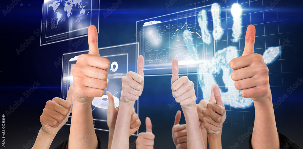 Poster hands showing thumbs up against digital security hand print scan